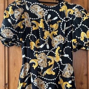 Adrianna Papell Black silk midi posh Dress with Gold Leaf & Pearl Motif